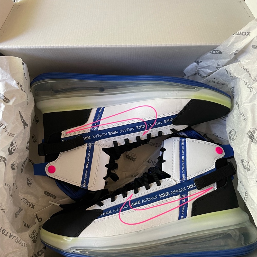 Men’s size 10.5 Nike Air Max 720 Saturn pink, white, black, blue. New in box.